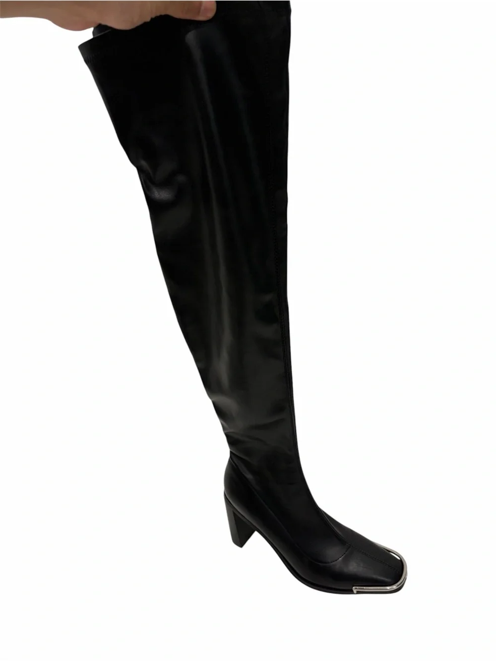 Azalea Wang Over-the-Knee Heeled Boots with Metal Toe Accent